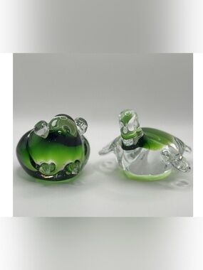 Murano Style Frog And Turtle Paperweight Set Green Hand Blown Art Glass